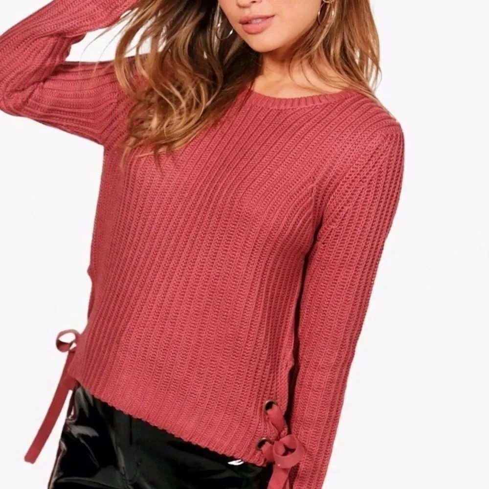 Round Neck Lace Up Sides Ribbed Texture Long Sleeve Sweater